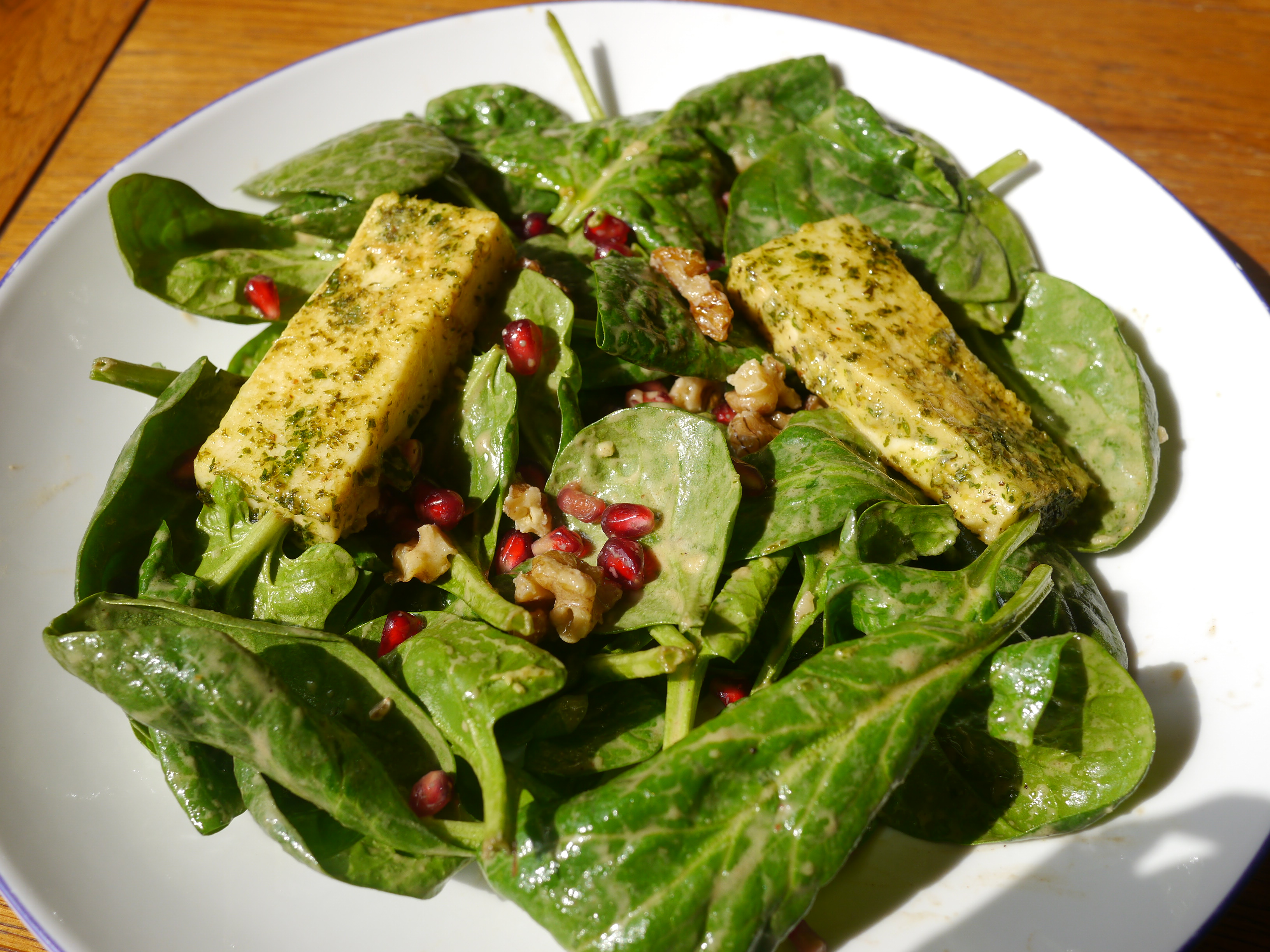 Marinated Halloumi & Spinach Salad with Maille Harissa Dressing